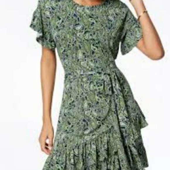 Michael Kors Green Navy Paisley Print Ruffled Faux Wrap Mini Dress Sz M - Picture 2 of 8